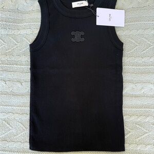 CELINE Black Ribbed Logo Tank Top